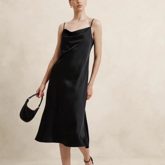 Banana Republic Black Satin Midi Slip Dress NWT!! - Picture 1 of 8